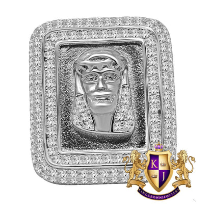 XL Big Pure Italian Sterling Silver White Gold Tone Holy Jesus Face Frame Simulated Diamond Mens Ring Band