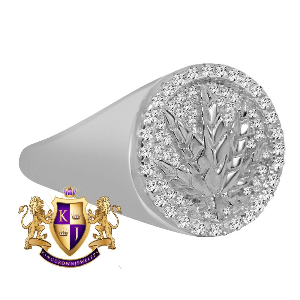 Mens 10K White Gold Over Real Genuine Sterling Silver Weed Marijuana Leaf Plant Ring Band