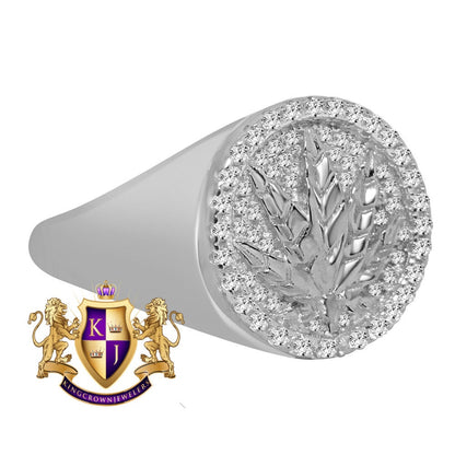 Mens 10K White Gold Over Real Genuine Sterling Silver Weed Marijuana Leaf Plant Ring Band