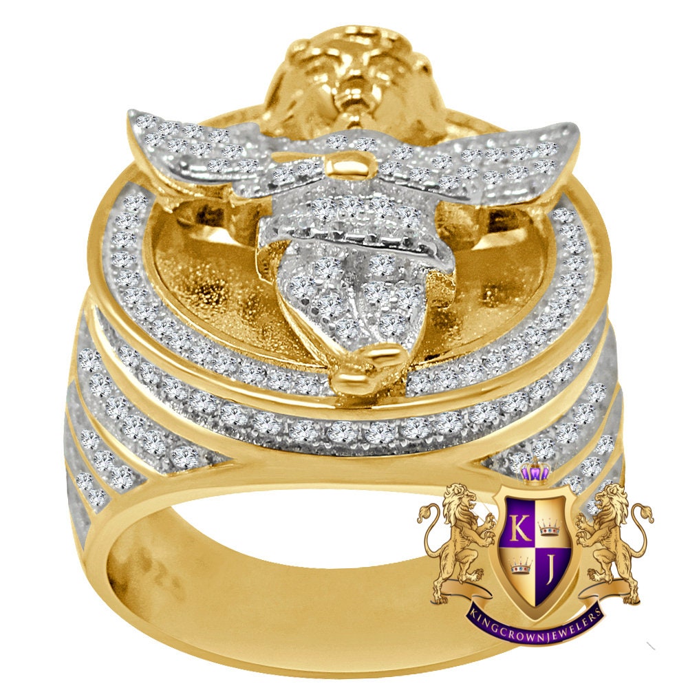 Mens Real Yellow Gold Sterling Silver Simulated Diamond Angel Wings Praying Hand Ring Diamond Band (Adjustable Size )