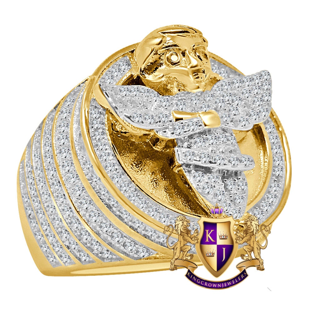 Mens Real Yellow Gold Sterling Silver Simulated Diamond Angel Wings Praying Hand Ring Diamond Band (Adjustable Size )