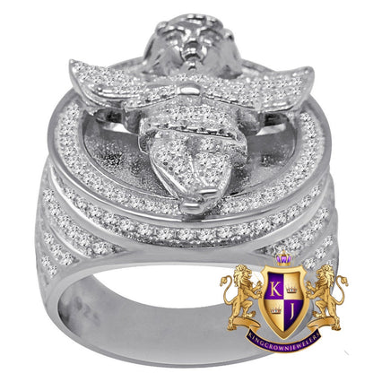 Mens 14K White  Gold On Sterling Silver Simulated Diamond Angel Wings Praying Hand Ring Diamond Band (Adjustable Size )