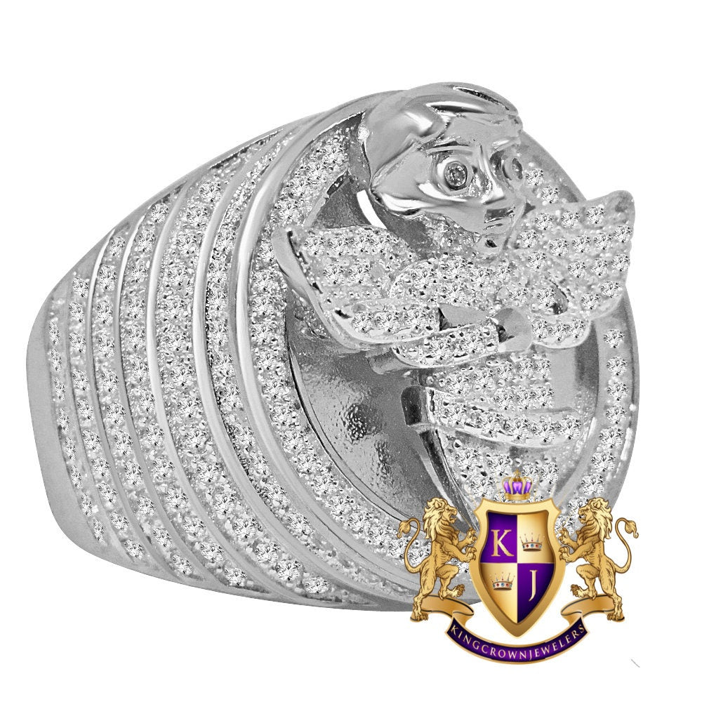 Mens 14K White  Gold On Sterling Silver Simulated Diamond Angel Wings Praying Hand Ring Diamond Band (Adjustable Size )