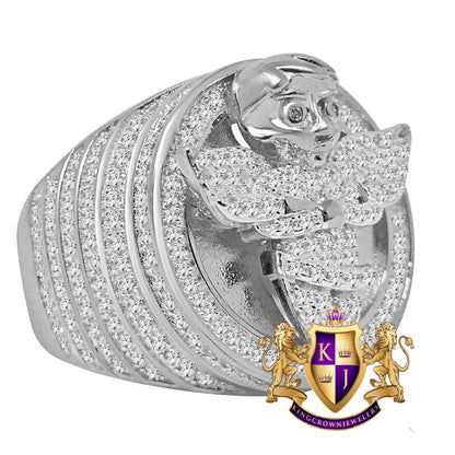 Mens 14K White  Gold On Sterling Silver Simulated Diamond Angel Wings Praying Hand Ring Diamond Band (Adjustable Size )