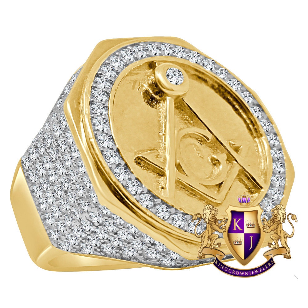 Mens Real Yellow Gold Sterling Silver Simulated Diamond Masonic Free Mason Ring Diamond Band (Adjustable Size )