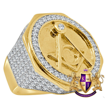 Mens Real Yellow Gold Sterling Silver Simulated Diamond Masonic Free Mason Ring Diamond Band (Adjustable Size )