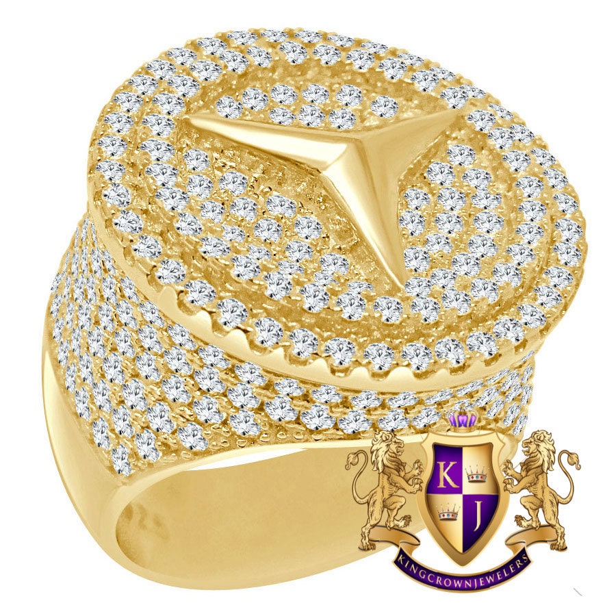 Big Bold Mens 10K Yellow Gold Over Genuine Sterling Silver Benz Luxury Car Band  Simulated Diamond Ring