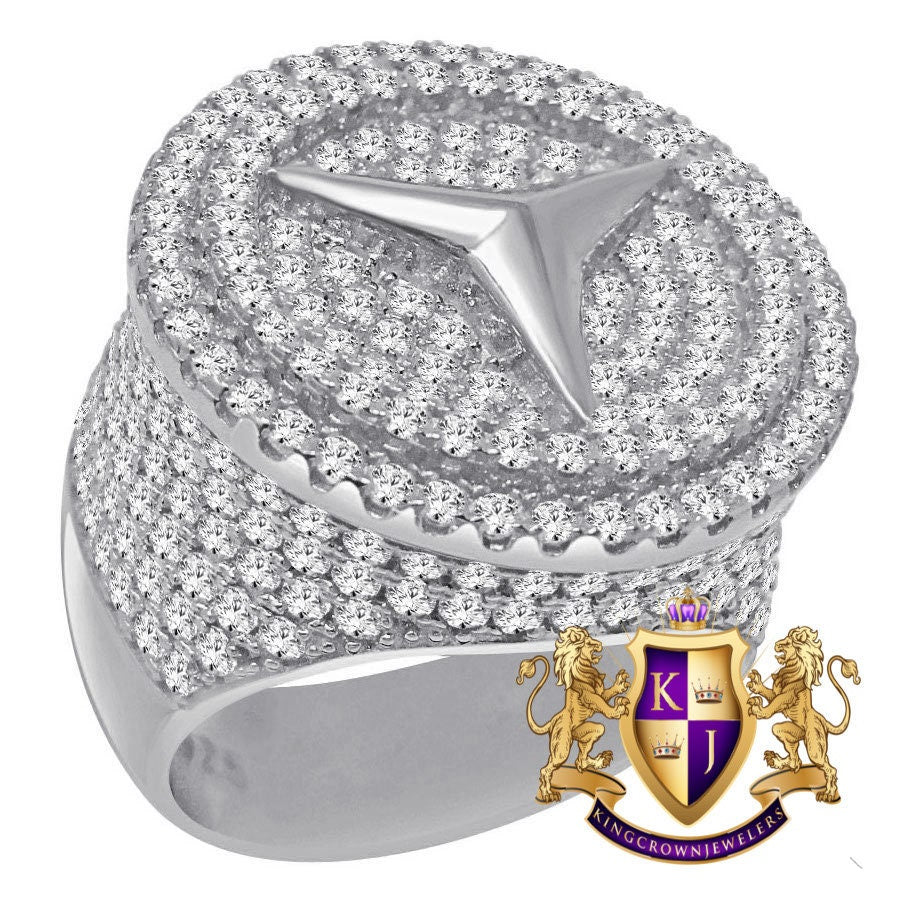 Big Bold Mens 10K White Gold Over Genuine Sterling Silver Benz Luxury Car Band  Simulated Diamond Ring