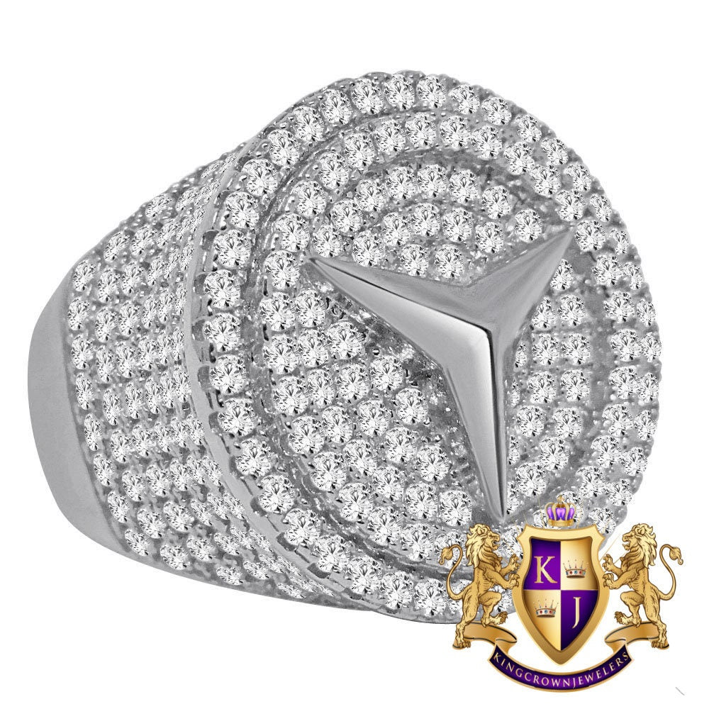 Big Bold Mens 10K White Gold Over Genuine Sterling Silver Benz Luxury Car Band  Simulated Diamond Ring