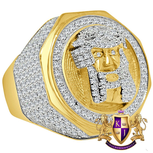 Real Yellow Gold Sterling Sterling Silver Holy Jesus Face Simulated Diamond Mens Ring Band