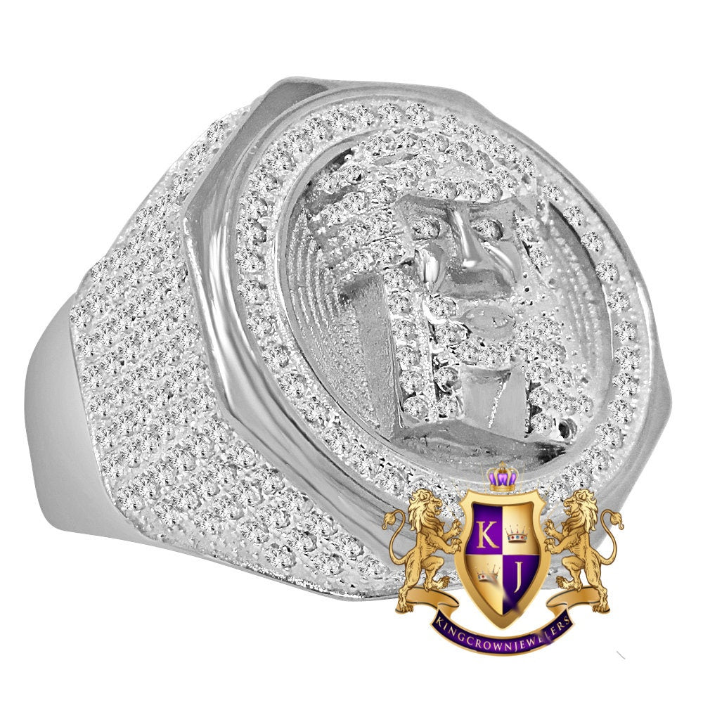 Real White Gold Over Sterling Sterling Silver Holy Jesus Face Simulated Diamond Mens Ring Band