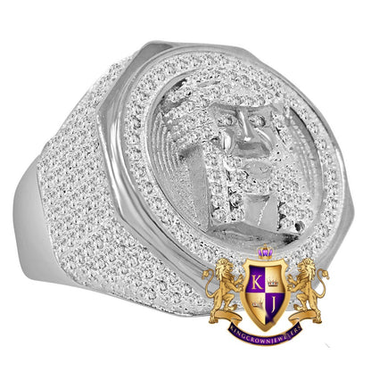 Real White Gold Over Sterling Sterling Silver Holy Jesus Face Simulated Diamond Mens Ring Band