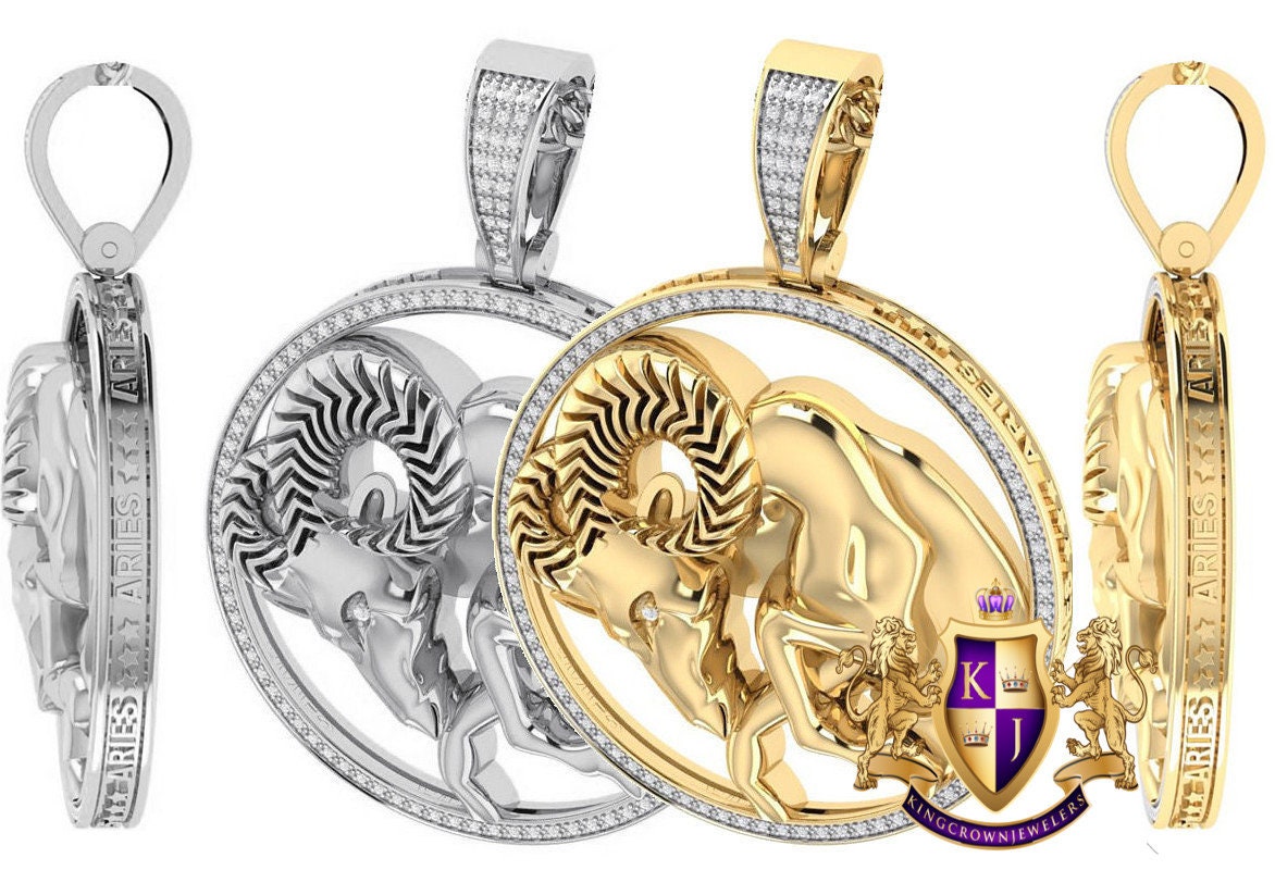 Real Genuine Authentic Diamond Aries Rams Zodiac Lucky Sign Astrology Horoscope 3D Pendent Charm 10K Gold Finish