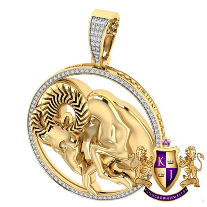 Real Genuine Authentic Diamond Aries Rams Zodiac Lucky Sign Astrology Horoscope 3D Pendent Charm 10K Gold Finish
