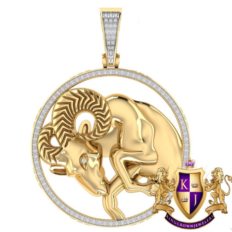 Real Genuine Authentic Diamond Aries Rams Zodiac Lucky Sign Astrology Horoscope 3D Pendent Charm 10K Gold Finish