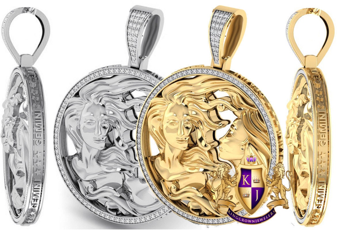 Real Genuine Authentic Diamond Gemini Twins Zodiac Lucky Sign Astrology Horoscope 3D Pendent Charm 10K Gold Finish
