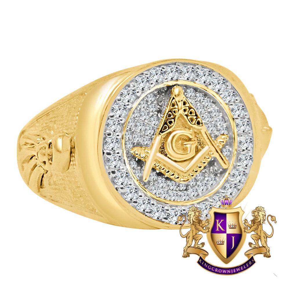 Mens Real Sterling Silver 10K Yellow Gold Tone G Compass Masonic Free Mason Ring Band