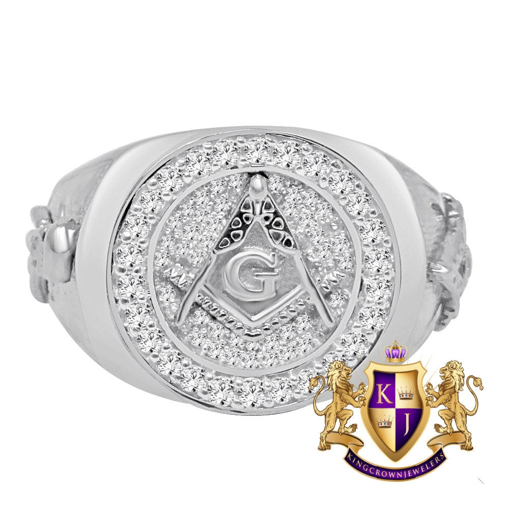 Mens Real Sterling Silver 10K White Gold Tone Simulated Diamond G Compass Masonic Free Mason Ring Band