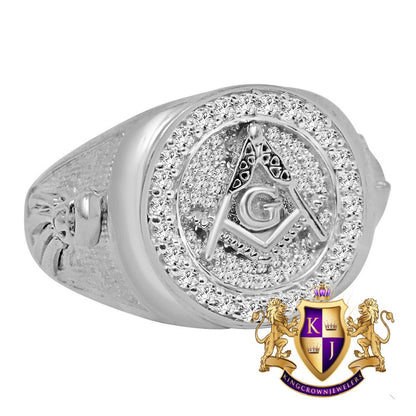 Mens Real Sterling Silver 10K White Gold Tone Simulated Diamond G Compass Masonic Free Mason Ring Band