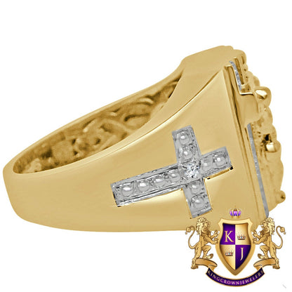 Mens 10K Yellow Gold On Genuine Sterling Silver Simulated Diamond Jesus Crucifix Cross Ring Band