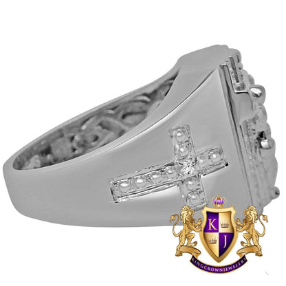 Mens 10K White Gold On Genuine Sterling Silver Simulated Diamond Jesus Crucifix Cross Ring Band
