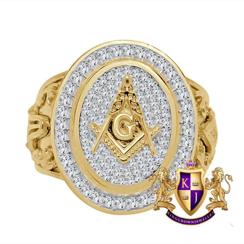 Mens Real Yellow Gold On Sterling Silver Simulated Diamond G Compass Masonic Free Mason Ring Band