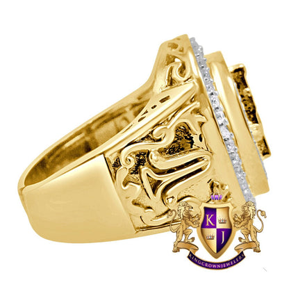 Mens Real Yellow Gold On Sterling Silver Simulated Diamond G Compass Masonic Free Mason Ring Band