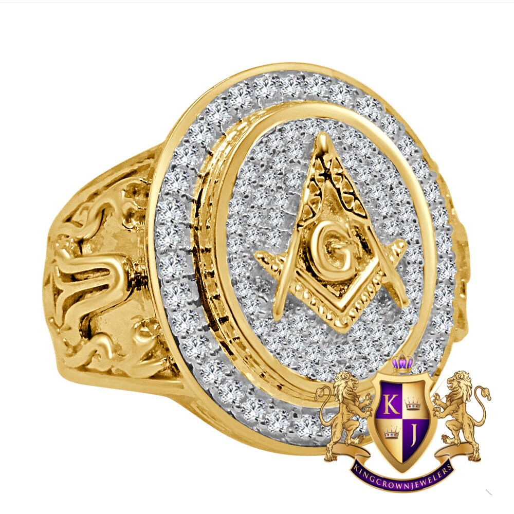 Mens Real Yellow Gold On Sterling Silver Simulated Diamond G Compass Masonic Free Mason Ring Band