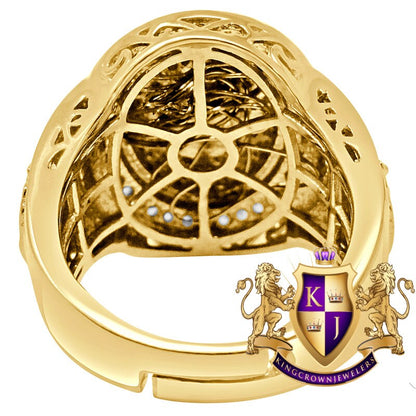Mens Real Yellow Gold On Sterling Silver Simulated Diamond G Compass Masonic Free Mason Ring Band