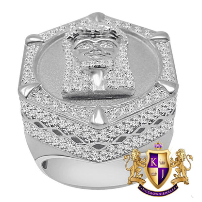 Mens 14K White Gold On Genuine Sterling Silver Holy Jesus Face Simulated Diamond Big Bold Ring Band