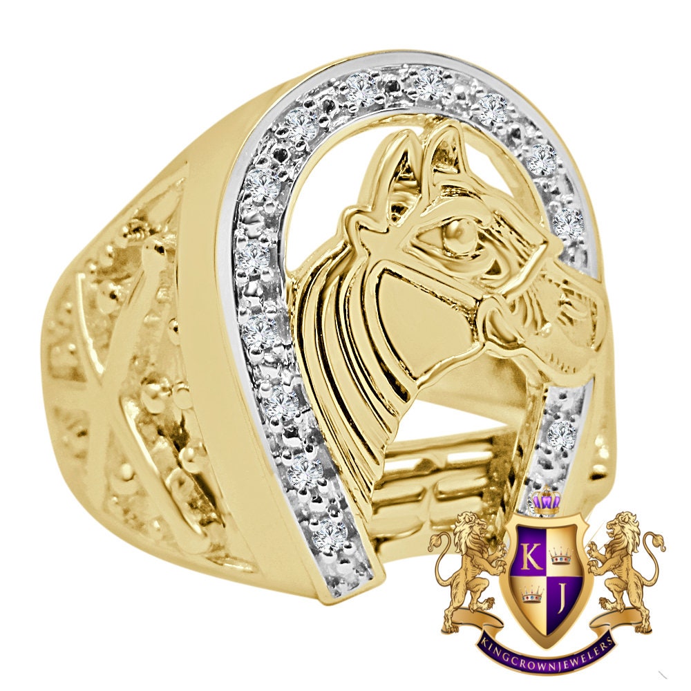 Mens Real Genuine Diamond Good luck Horseshoe Lucky Pinky Ring 10K Gold Finish (Adjustable 9.5 To 11)