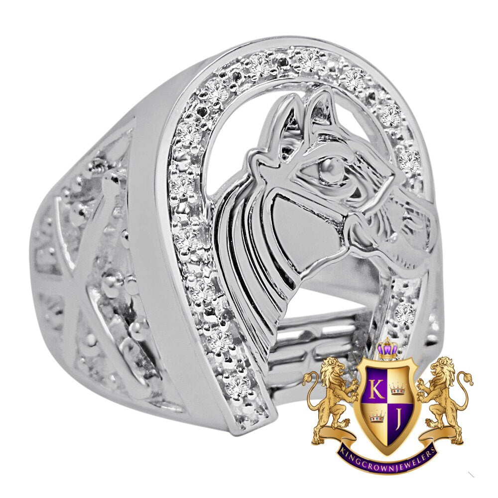 Mens Real Genuine Diamond Good luck Horseshoe Lucky Pinky Ring 10K White Gold Finish (Adjustable 9.5 To 11)
