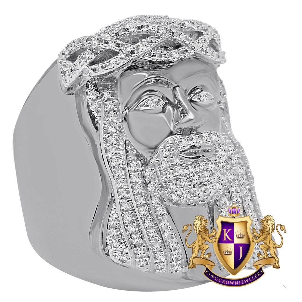Real Genuine Diamond 1/2 Ctw Big Bold Jesus Face Pinky Ring Band 10K White Gold Finish (Adjustable 11 Up To 13)