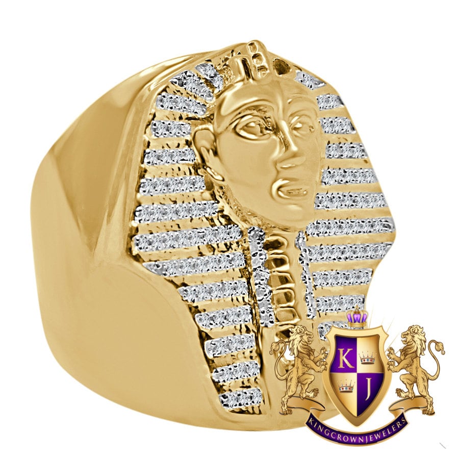 Mens Big Bold Real Genuine Diamond King Tut Egyptian Pharaoh Yellow Gold Tone Ring Band Adjustable (10 Up To 11)