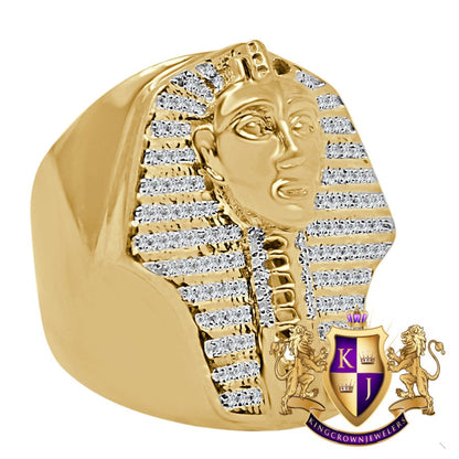 Mens Big Bold Real Genuine Diamond King Tut Egyptian Pharaoh Yellow Gold Tone Ring Band Adjustable (10 Up To 11)