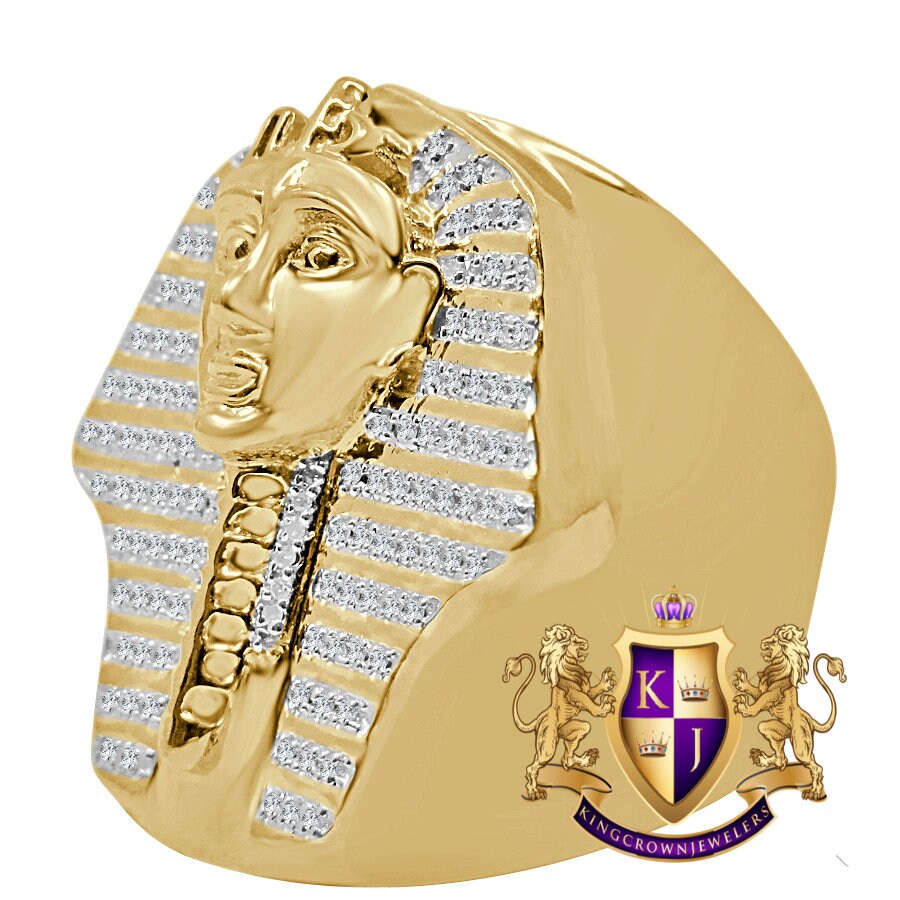 Mens Big Bold Real Genuine Diamond King Tut Egyptian Pharaoh Yellow Gold Tone Ring Band Adjustable (10 Up To 11)