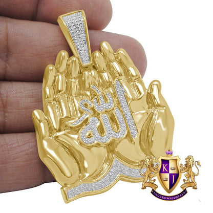 Real Genuine Authentic Natural Diamond Praying Hand Allah God Muslim Islamic Arabic Exclusive Custom Pendent 10K Gold Over Charm  23+ Grams