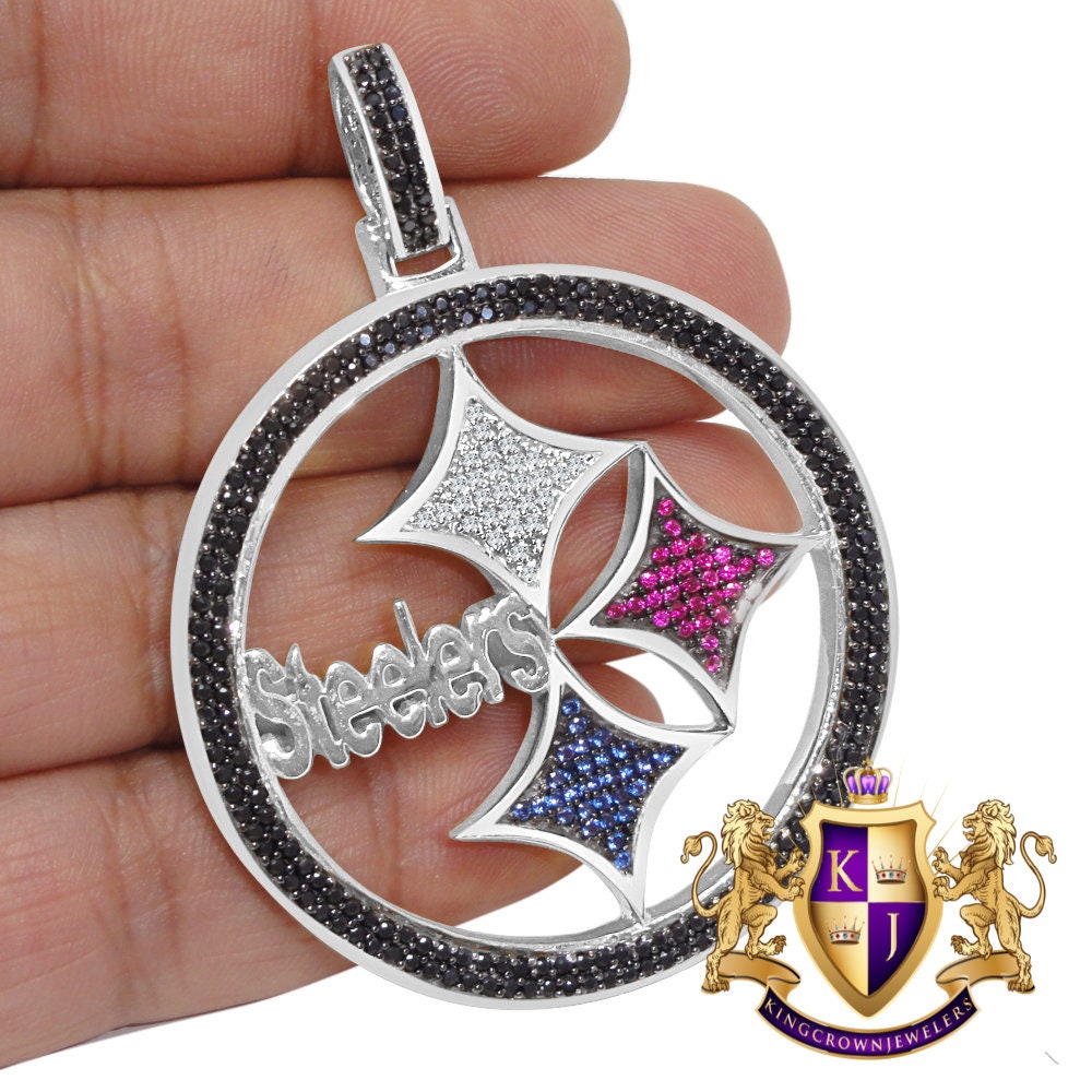 Big 2.5'' 14K White Gold Over Real Sterling Silver Pittsburgh Steelers Simulated Diamond Pendant Charm 25 + Grams