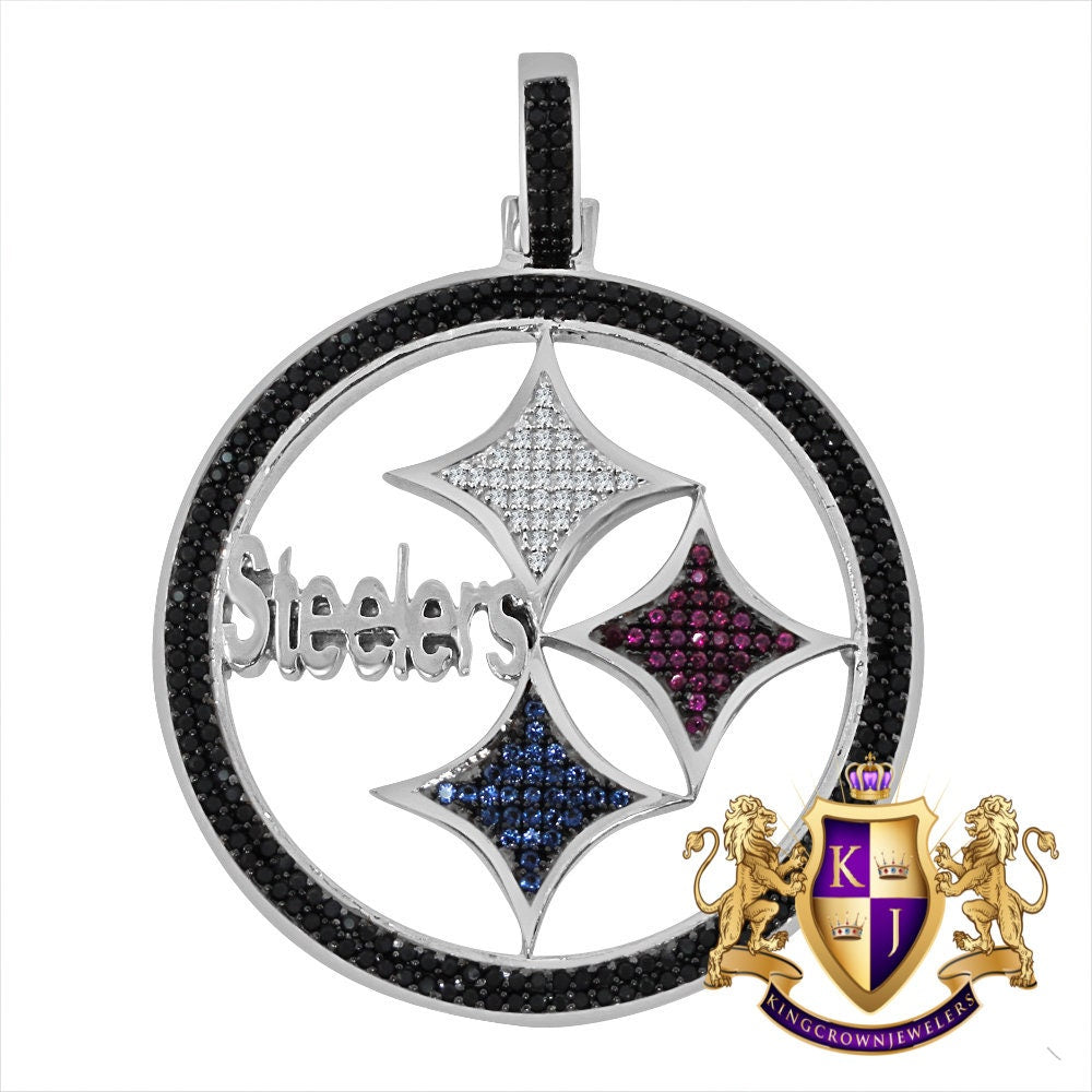 Big 2.5'' 14K White Gold Over Real Sterling Silver Pittsburgh Steelers Simulated Diamond Pendant Charm 25 + Grams
