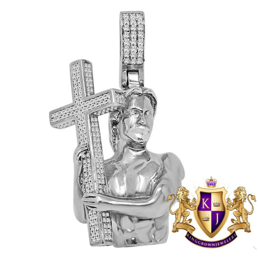 14K White Gold On Real Sterling Silver Simulated Diamond Jesus Holding Cross Custom Pendent Charm 2''