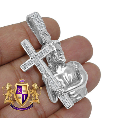 14K White Gold On Real Sterling Silver Simulated Diamond Jesus Holding Cross Custom Pendent Charm 2''