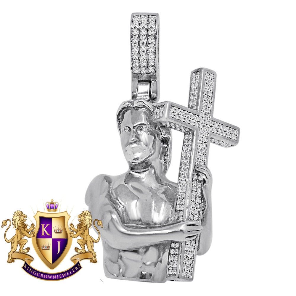 14K White Gold On Real Sterling Silver Simulated Diamond Jesus Holding Cross Custom Pendent Charm 2''