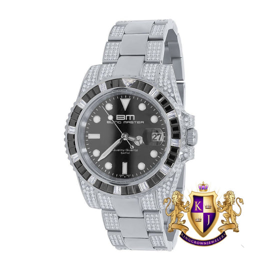 18k White Gold Finish Full Stainless Steel Simulated Diamond Mens Presidential Watch W/Date Function
