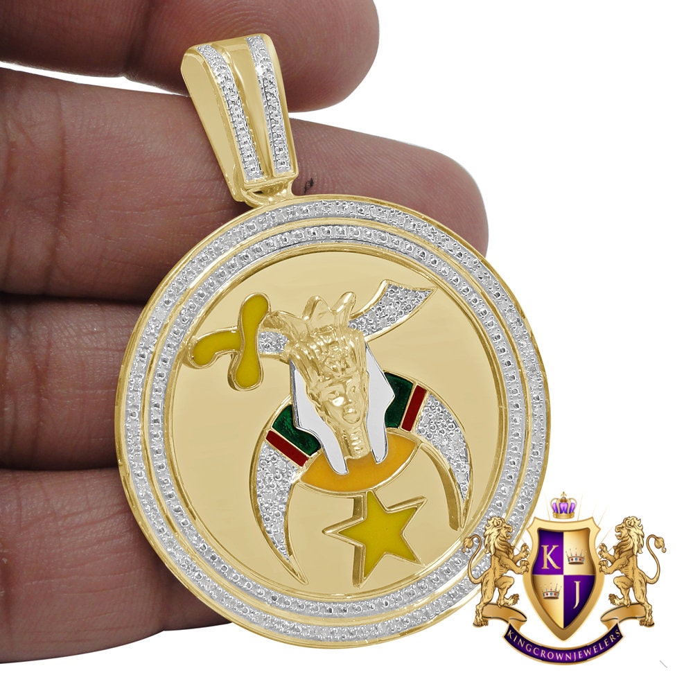 Men's Real Genuine Diamond 20+ Grams Shriners Freemasonry Masonic Freemason Pendent 10K Gold Over Charm 2.30''