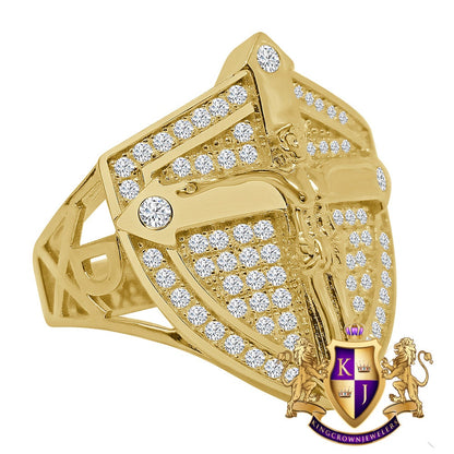 Men's Yellow Gold Tone Genuine Sterling Silver Simulated Diamond Jesus Cross Crucifix Shield Ring Band
