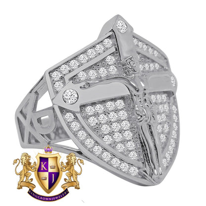 Men's White Gold Tone Genuine Sterling Silver Simulated Diamond Jesus Cross Crucifix Shield Ring Band