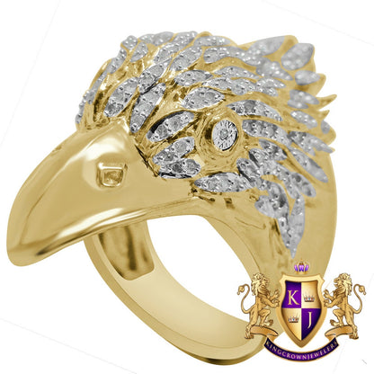 Real Genuine Authentic Diamond Mens American Eagle Falcon Bird Yellow Gold Finish Ring Pinky Band