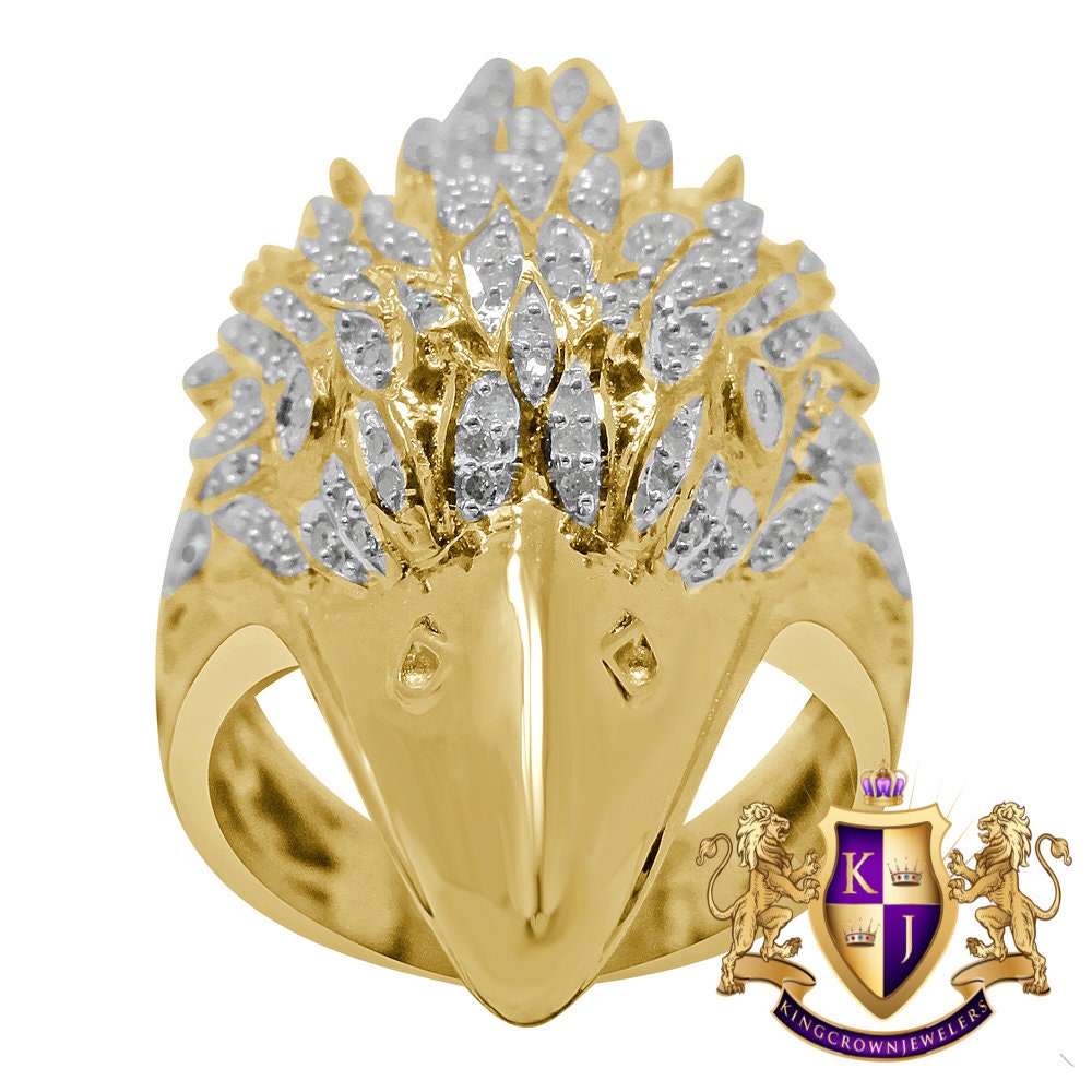 Real Genuine Authentic Diamond Mens American Eagle Falcon Bird Yellow Gold Finish Ring Pinky Band