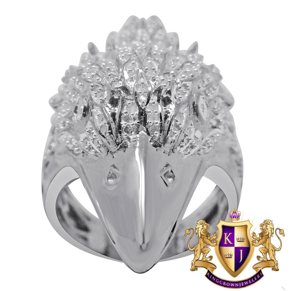 Real Genuine Authentic Diamond Mens American Eagle Falcon Bird White Gold Finish Ring Pinky Band