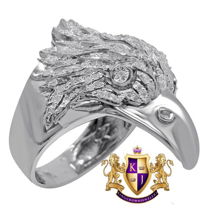 Real Genuine Authentic Diamond Mens American Eagle Falcon Bird White Gold Finish Ring Pinky Band